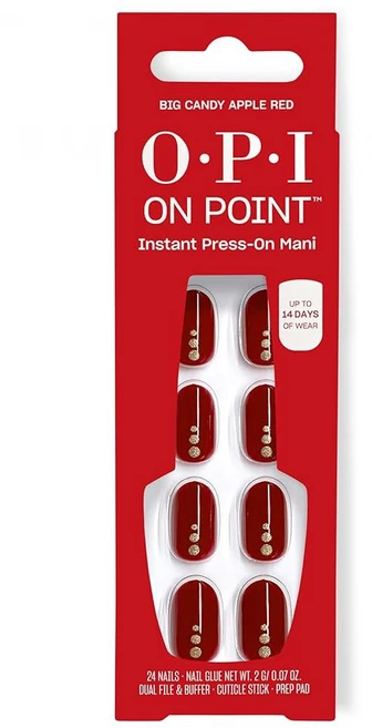 OPI On Point Press On Nails | 쇼트 라운드 네일 아트 프레스 온 네일 | 네일 포함 24개 | 오래 지속 재사용 가능 손상 없음 | 2025 가을 쉐이드, 2 빅 캔디 레드 | 골드 글리터 네일 아트가 있는 브 - 쿠팡