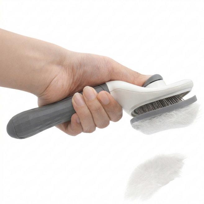 히로비 반려동물 슬리커 브러쉬 자동 털제거 원터치 강아지 고양이 미용 빗 중형 대형견, 1개, 화이트 그레이