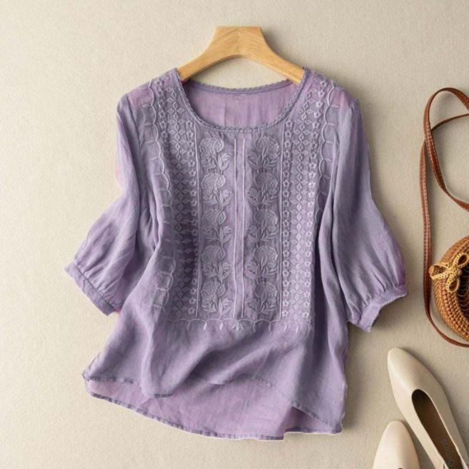 薄款刺繡棉麻短袖圓領上衣女夏