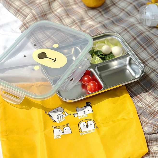 베어 곰돌이 캐릭터 4구 자기주도 식판 유아 아기 깊은 뚜껑있는 식판 가방 세트 토핑이유식, 1개