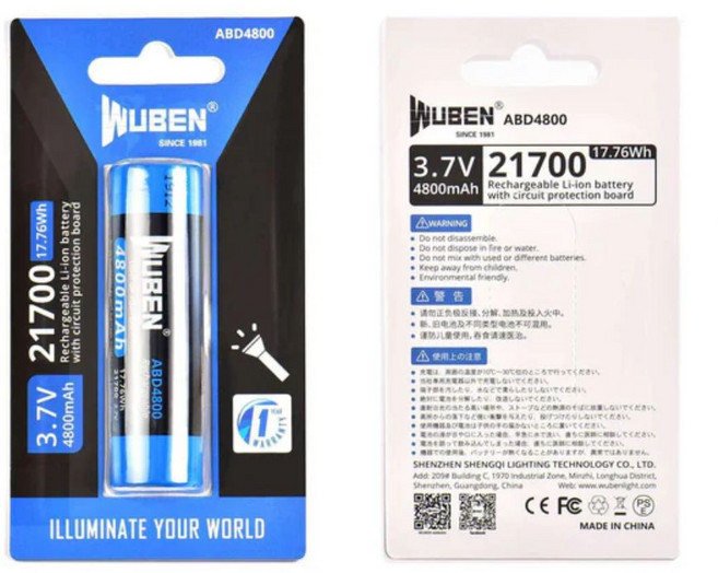 WUBEN ABD4800 21700 3.7V 4800mAh 可充電鋰離子電池, 黑色, 1