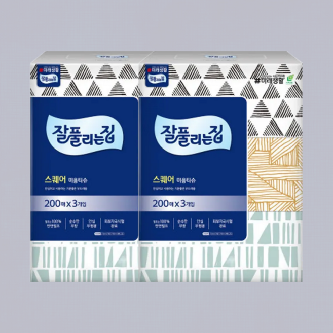 잘풀리는집 스퀘어 천연펄프 미용티슈 2겹, 6개, 200매
