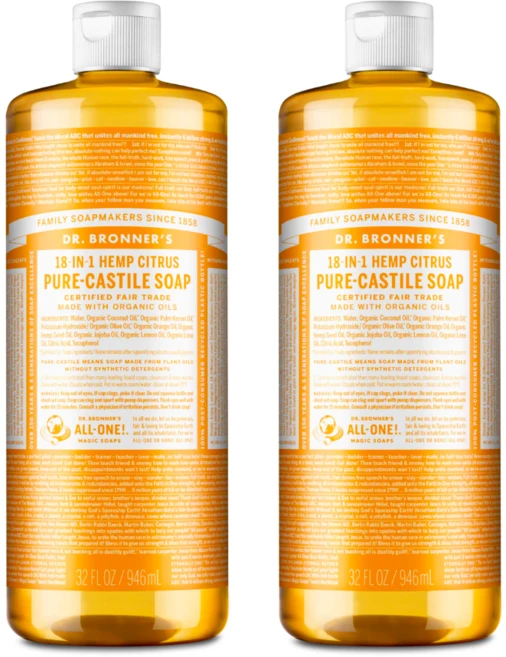 닥터브로너스 퓨어 캐스틸솝 물 비누 945ml x 2 시트러스 오렌지 레몬 라임 18in1 다용도 세안 바디 세탁 - 쿠팡