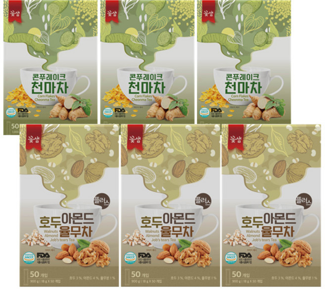 꽃샘 곡물차 가루분말차 / 콘푸레이크 천마차 50T x 3개 + 호두아몬드율무차 50T x 3개, 50개입