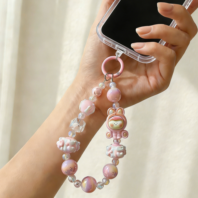 MISI 귀여운 인형비즈 폰 스트랩 키링, 1개, 핑크