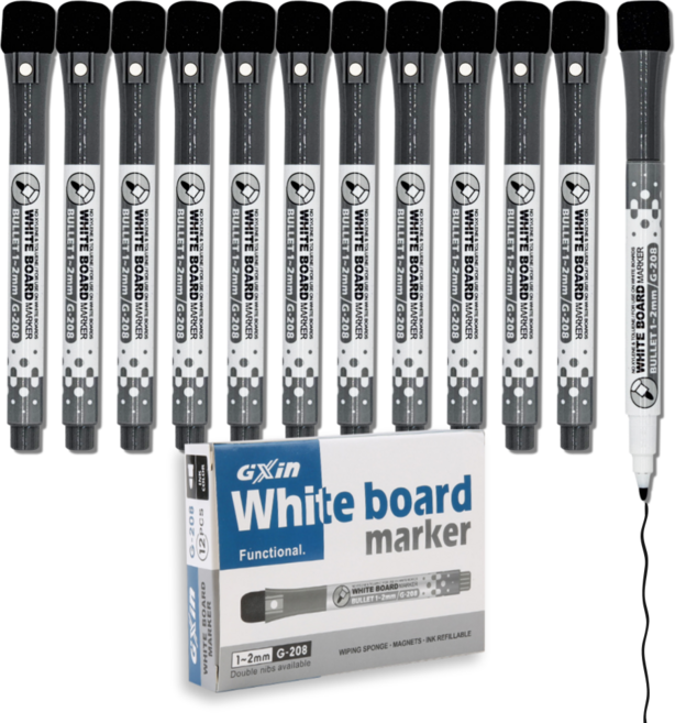 세필 보드마카 12개입 자석 지우개 일체형, 블랙