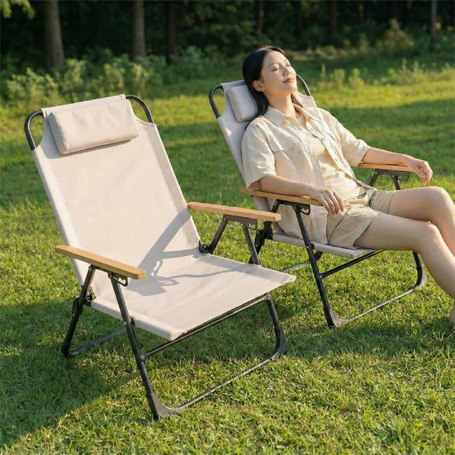 마술사 아웃도어 릴렉스 접이식 롱 캠핑 의자 5단 각도조절, 1개, 베이지