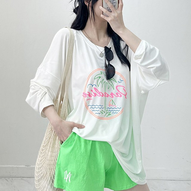 엘리즈데이 하와이래쉬가드긴팔 여름 오버핏 빅사이즈 박시 티셔츠, 백색