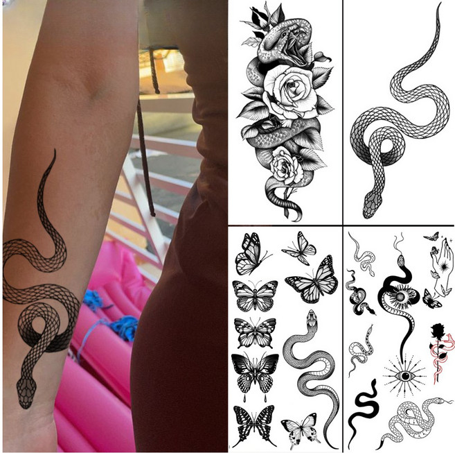 타투 문신 스티커 뱀 나비 블랙 검정 일회용타투 축제 워터밤 체육대회 대학축제 콘서트 아이템, 1개, 블랙스테이크4종