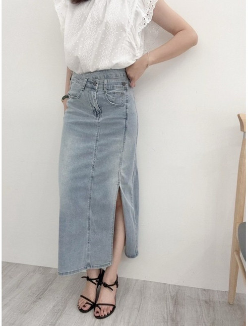 斜釦側開叉長裙 #7671 薄款彈性修身牛仔長裙