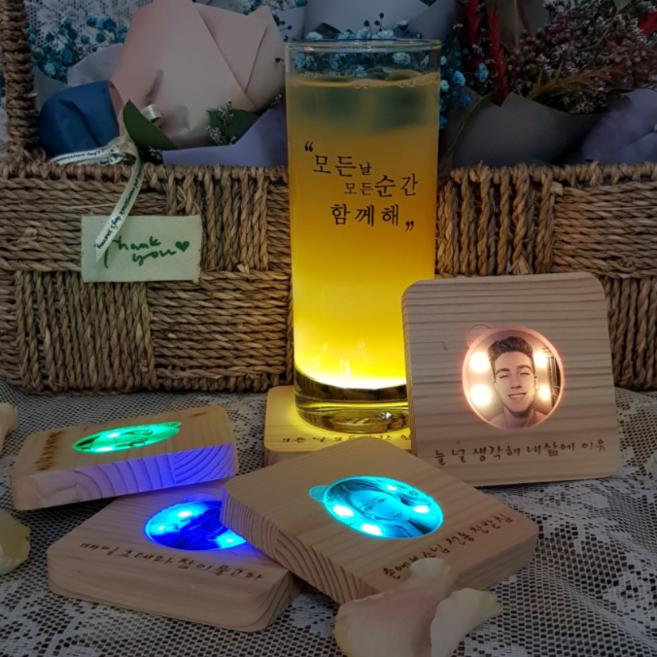 LED하이볼 칵테일 위스키 잔받침 우드코스터 1+1세트, 1개, 화이트우드 10cm 1+1세트