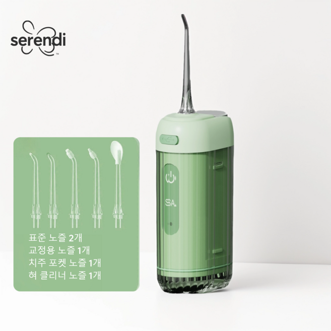 SERENDI 무선 스마트 구강세정기 IPX7급방수 워터픽 5개노즐팁 휴대용 가정용, 그린