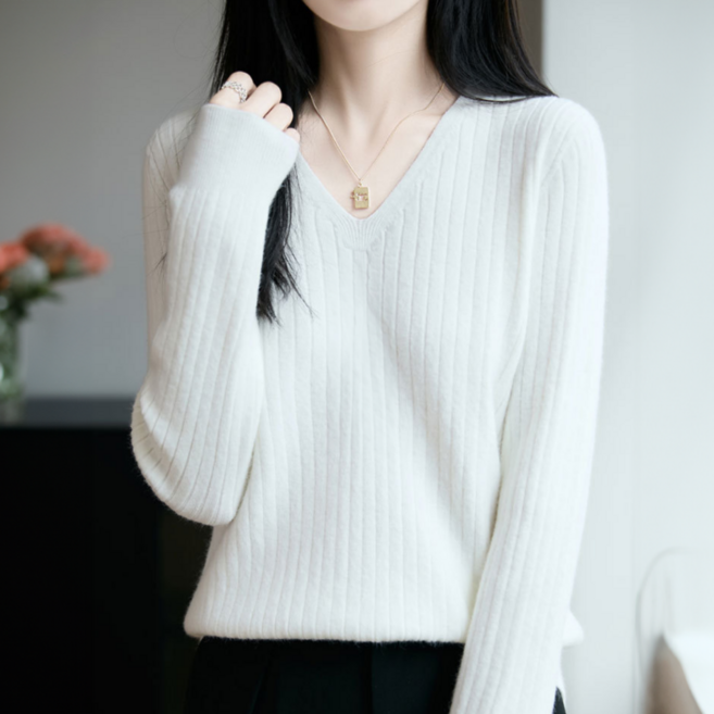 하바우 여성 루즈핏 베이직 골지 브이넥 니트 긴팔티 1P