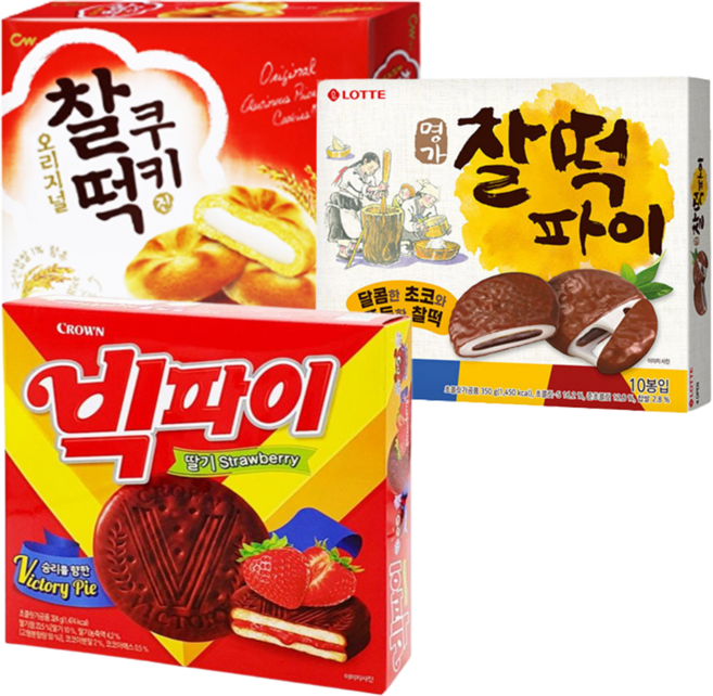 청우 찰떡쿠키 215g+크라운 빅파이 324g+롯데 명가 찰떡파이 350g, 1세트, 889g