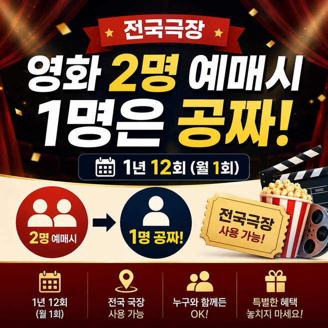 3위 - (전국) CGV / 메가박스 / 롯데시네마 / 2인예매시 1인무료 1년12회(월1회) VIP카드, 1개, 없