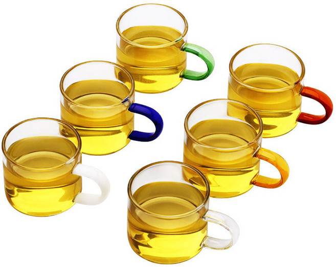 Qiaokao 컬러 손잡이 투명 유리컵 6개입, 1세트, 혼합색상