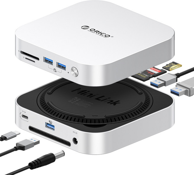 오리코 MiniLink C타입 M4맥미니 더블 M.2 SSD 인클로저 40Gbps USB-A SD/TF카드 인터페이스 멀티허브 M47P, 실버, 1개