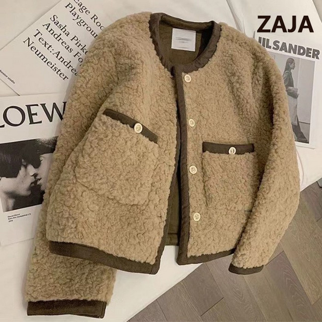 ZAJA 여성 겨울 라운드넥 뽀글이 숏 털코트 후리스 데일리 퍼 자켓 아우터 빅사이즈