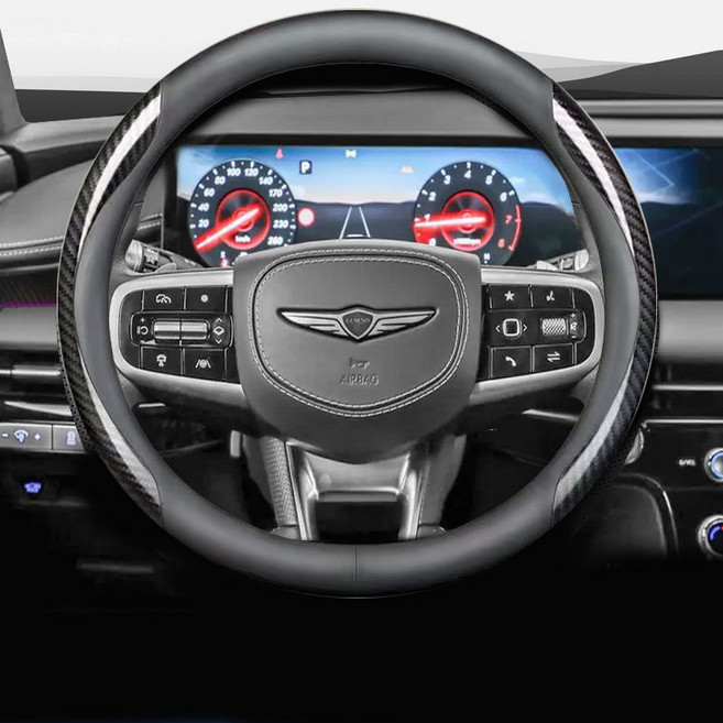 제네시스 전차종 호환 프리미엄 나파 가죽 카본 핸들커버, 원형 (G-01), 블랙 카본