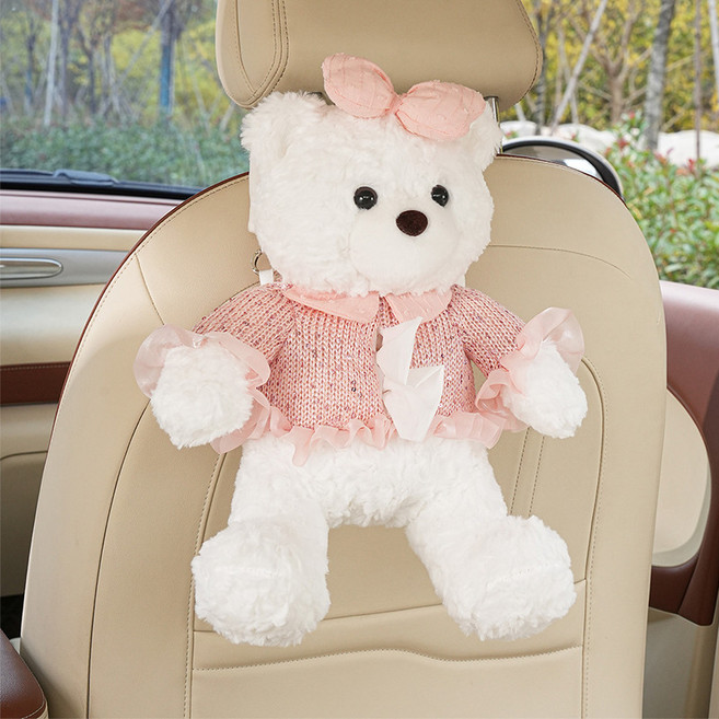 汽車紙巾盒可愛卡通玩偶公仔汽車掛式抽紙盒創意小熊車用紙巾掛袋, 兔毛磨花小熊紙巾盒白色+粉衣服蝴蝶結