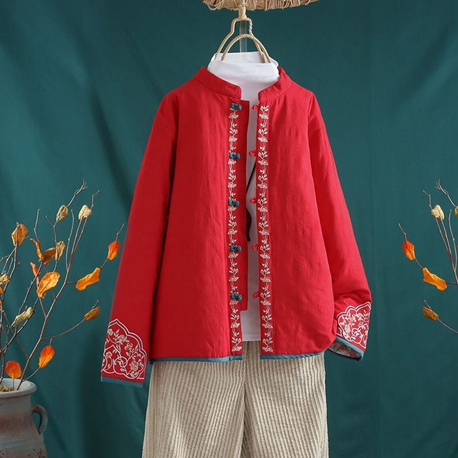 ORZQU 여성 개량한복 자수 면혼방 퀼팅 긴소매 루즈핏 패딩 점퍼