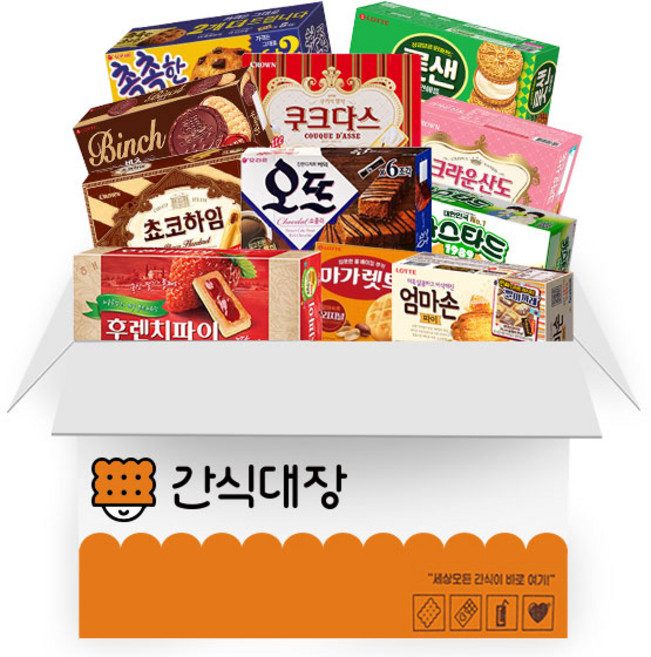 [간식대장] 최고의 사무실 간식세트 후렌치파이 딸기 엄마손파이 마가렛 카스타드 초코하임 오뜨 쇼콜라 산도딸기 쿠크다스 빈츠 롯데샌드 촉촉한 초코칩, 1개, 가성비 사무실 간식 E세트 11종