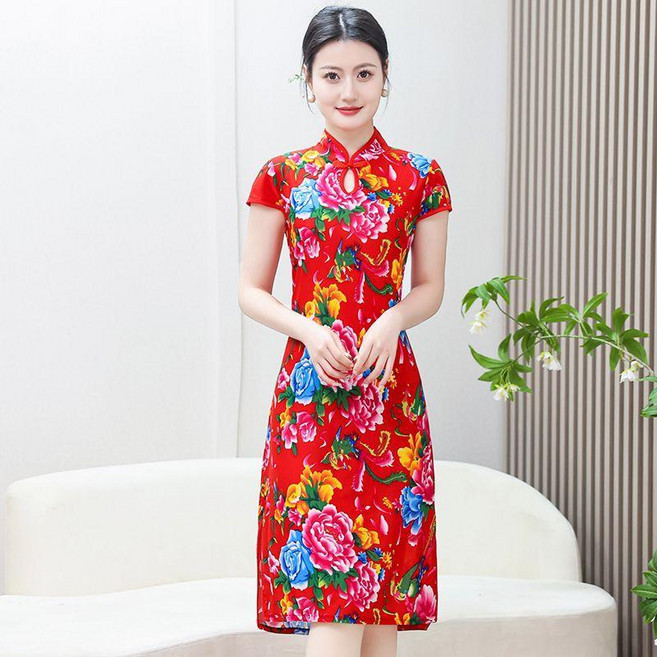 改良版旗袍連衣裙, 紅牡丹 盤扣,3XL 建議62.5-68.0公斤