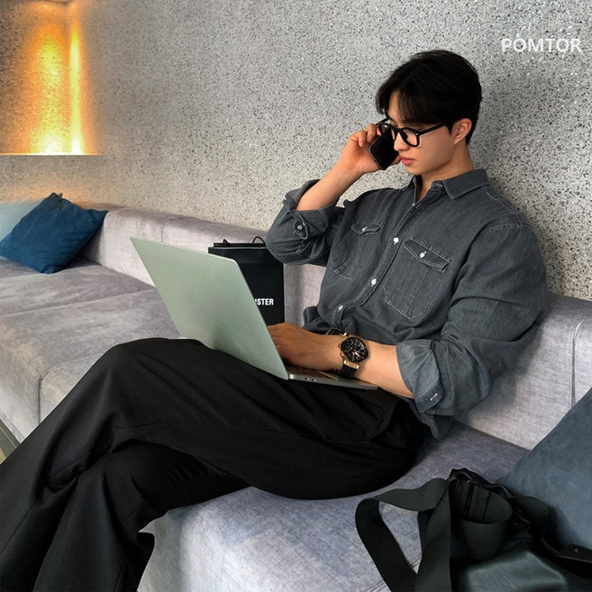 POMTOR 남자 데님 셔츠 캐주얼 솔리드 빅오버핏 긴팔 청남방