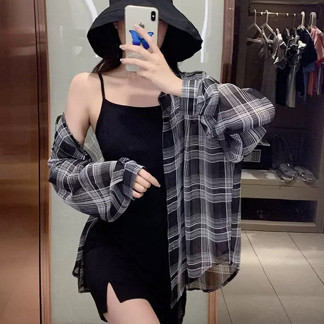 핀디걸 여성 오버핏 남방 체크 블랙 긴팔 셔츠