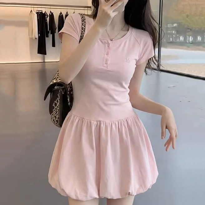 TIRA 여성 캐주얼 반팔 미니 원피스 데일리 허리 슬림 여름 라운드넥 귀여운 스타일