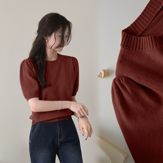 데일리앤 다이스 여성 가을 퍼프 반팔 셔링 니트 티셔츠 부드러운 기본 무지 니트티 간절기룩