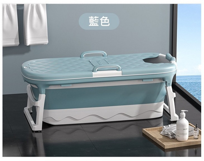 加粗加厚支架 蒸泡兩用折疊浴缸 贈頂級靠墊 保溫蓋 泡澡桶 浴盆 寶寶浴桶 摺疊泡澡 沐浴, 1個, 藍色一般款【含蓋+贈靠墊】, 藍色