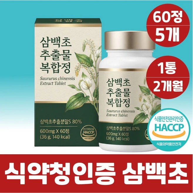 비염 삼백초 추출물100% 식약청인증 정품 파이토 정 알약 삼백초추출물, 5박스, 60정 - 쿠팡