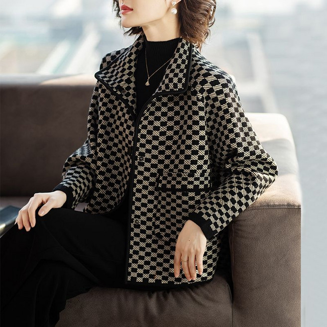 중년 여성복 자켓 빈티지 빅사이즈 터틀넥 체크 자켓 봄 가을 엄마 자켓 캐주얼 상의 YJW