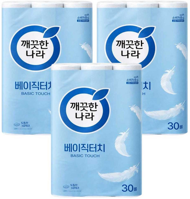 깨끗한나라 베이직터치 3겹 30롤 두루마리 화장지 휴지 3개