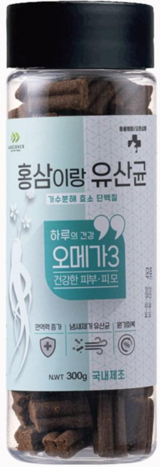 국내산제조 동물병원간식 홍삼이랑유산균 강아지 가수분해 영양간식 4종, 오메가3(건강한 피부 피모), 300g, 1개