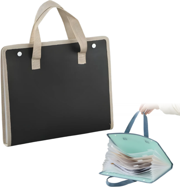 BDYP 아코디언 파일 12칸 손잡이형 A4 휴대용 서류백, 1개, 블랙