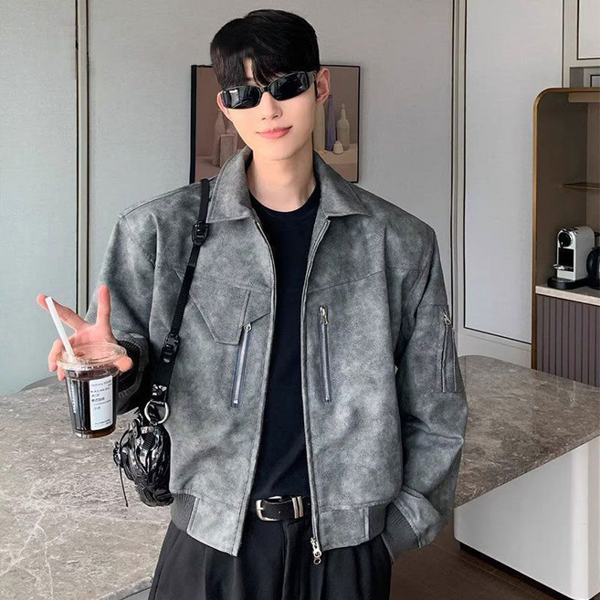 봄 가을 남성 레더 재킷 캐주얼 간절기 상의 아우터 루즈핏 PU 가죽 코트 기질 빈티지 레더 숏 점퍼 WXY