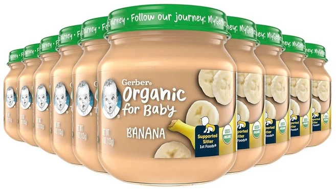 거버 스테이지 1 베이비푸드 오가닉 퓨레 유리병단지 논 GMO 베지터블, 바나나, 113g, 10개 - 쿠팡