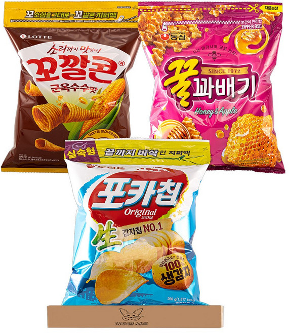 [여우별 세트]과자6호 대용량 지퍼백 과자 3종 세트, 1세트, 대용량 지퍼백 과자 3종(꼬깔콘,꿀꽈배기,포카칩)