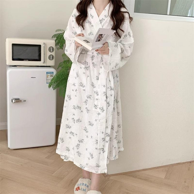 유카타 잠옷 기모노 가운 순면 파자마 꽃무늬 여성 세트 반팔 원피스 수면 일본 홈웨어세트