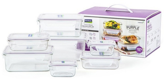 Glasslock 格拉氏洛克 紫色系列長方形保鮮盒 7件組, 7個容器 + 7個蓋子, 1組