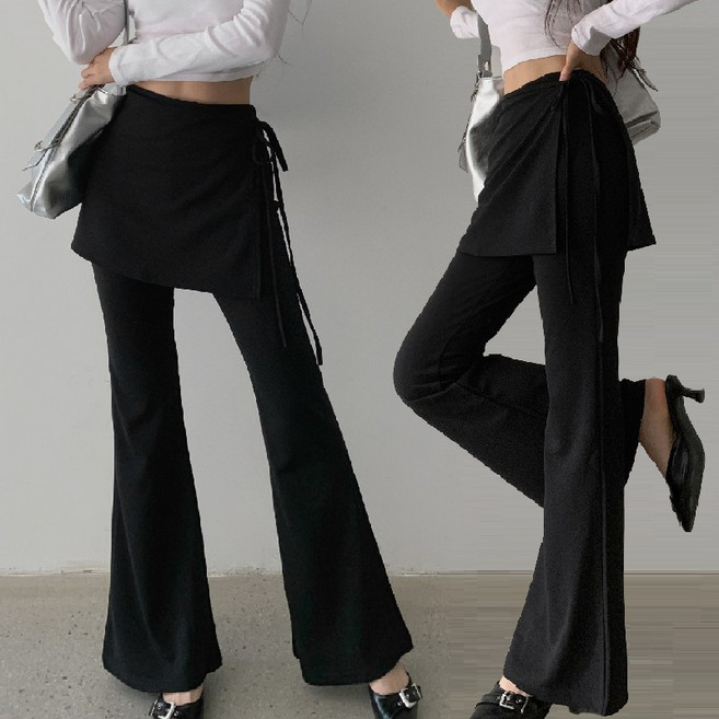 [투웨이] 유니크 레이어드 랩 스커트 / 여성용 부츠컷 팬츠 세트 나팔바지 슬랙스 리본 디자인 사계절 활용성 굿 긴바지 실키한 재질 레이어드 스커트 바지 (HI-4149)