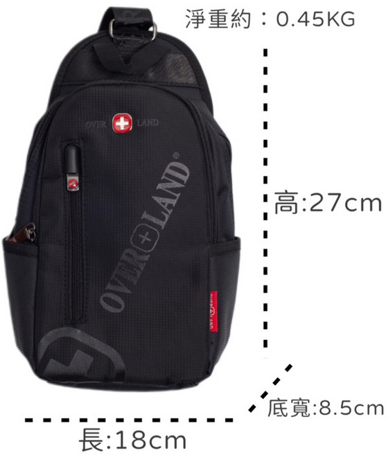 OVERLAND 防潑水尼龍胸包 單肩包, 黑色