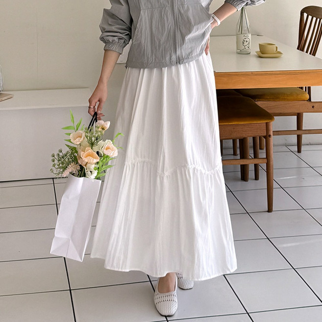 데일리앤 헤이즈 밴딩 플레어 롱스커트 a라인 셔링 롱 치마 봄 여름 가을