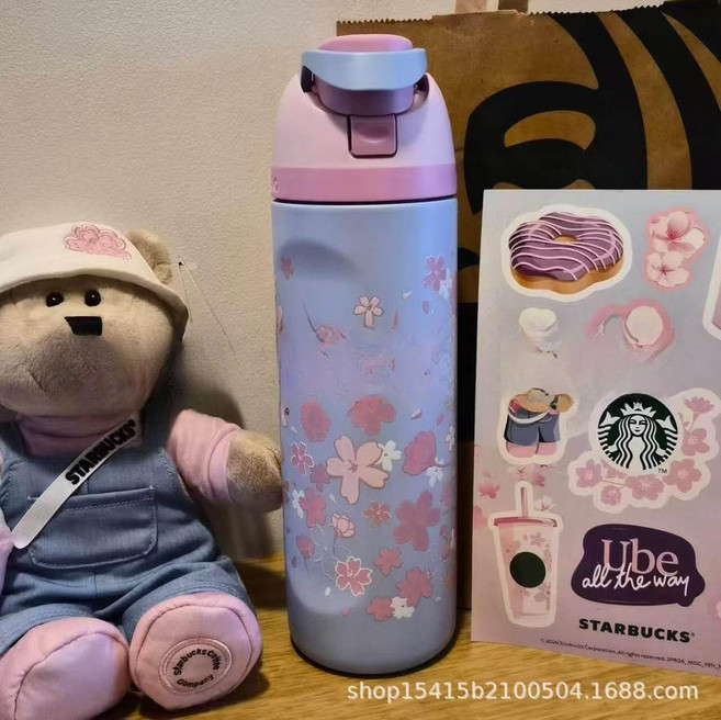 오왈라 프리십 텀블러 스테인리스 보온 보냉 대용량 휴대용 물병, 24oz, 1L, 체리 블라썸