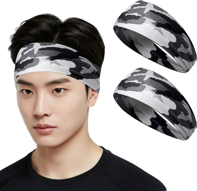 짐스터즈 스포츠 쿨 기능성 와이드 헤어밴드, 1세트, 블랙카모+블랙카모