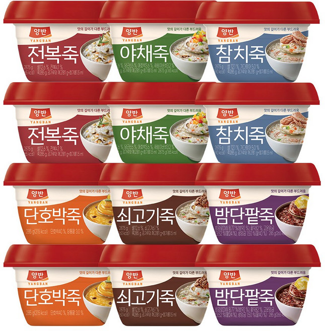 동원 양반죽 밤단팥죽+쇠고기죽+호박죽+참치죽+야채죽+전복죽 혼합 6종, 288g, 12개