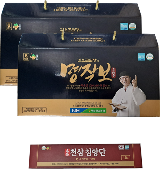 김오곤 녹용홍삼 명작보 3박스 70ml x 90포 + 천삼침향단 20환, 김오곤 명작보 2박스+천삼침향단10환, 2.1L