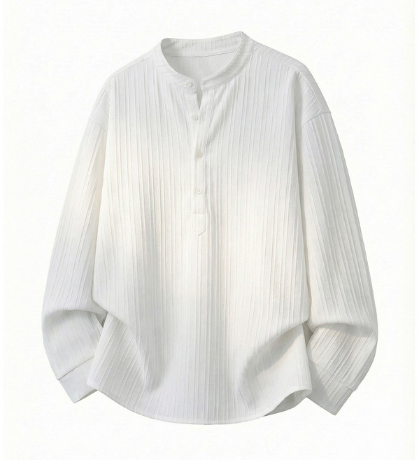 【老錢風豎條肌理】立領襯衫 長袖襯衫 休閒襯衫 男式襯衫 外套襯衫 半門襟紐扣 透氣親膚 春季通勤 商務休閒